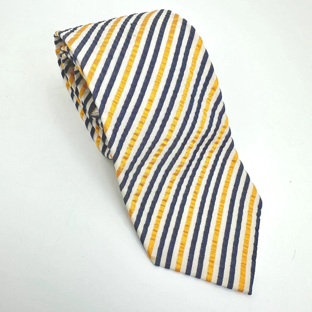 Harold Powell Seersucker Necktie Mens Navy Yellow Repp Striped Silk USA 58x3.5